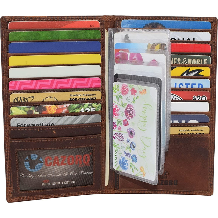 CAZORO RFID Protected Vintage Leather Long Bifold Slim Wallet for Women Men Image 11