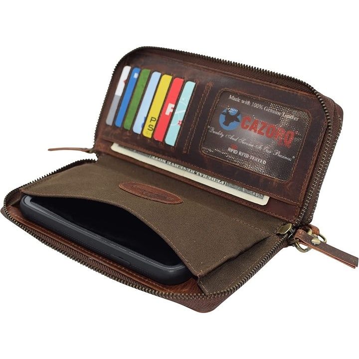CAZORO Womens Vintage Leather RFID Blocking Wallet Double Zipper Organizer Large Phone Pocket Wrislet Wallets for Women Image 7