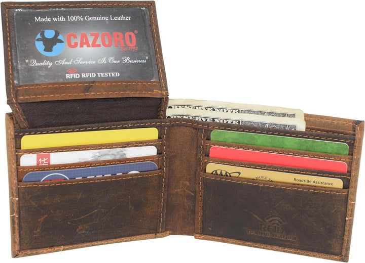 CAZORO Bifold Wallets for Mens Distressed Genuine Leather RFID Protected Classic Billfold Vintage Wallet for Men (Logo) Image 3