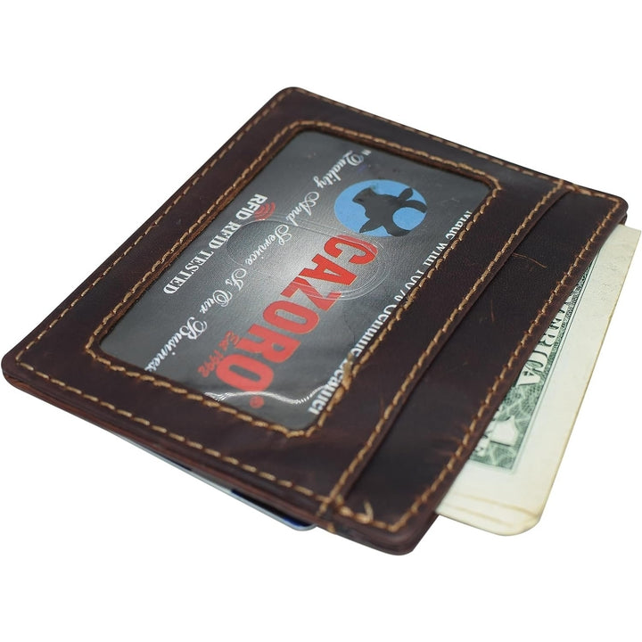 CAZORO Front Pocket Minimalist Vintage Leather Slim Wallet RFID Blocking Medium Size (Brown RHU) Image 3