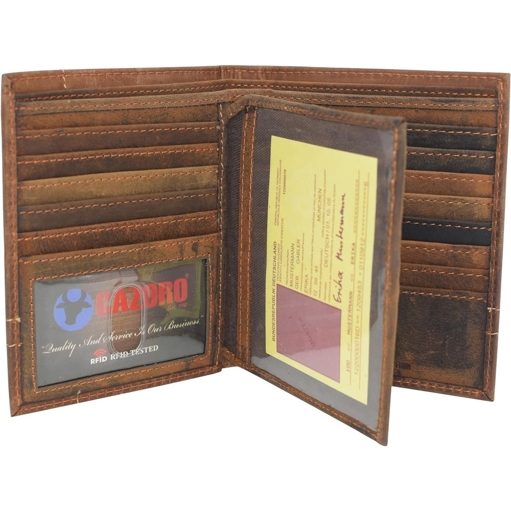 CAZORO RFID Blocking Hipster Bifold Mens Vintage Leather Multi-Card ID Holder European Wallet for Men (Logo) Image 2
