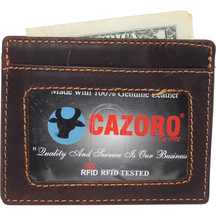 CAZORO Front Pocket Minimalist Vintage Leather Slim Wallet RFID Blocking Medium Size (Brown RHU) Image 4