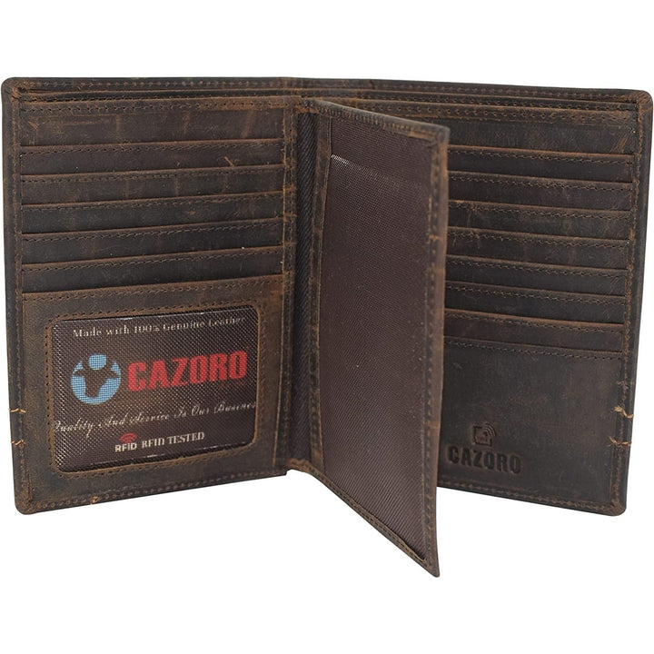 CAZORO RFID Blocking Hipster Bifold Mens Vintage Leather Multi-Card ID Holder European Wallet for Men (Logo) Image 3