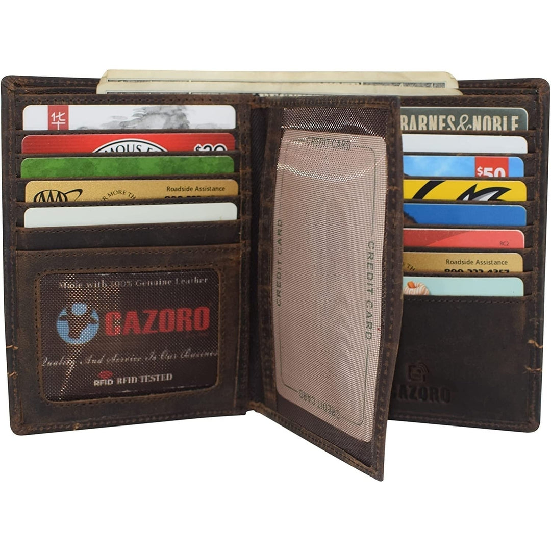 CAZORO RFID Blocking Hipster Bifold Mens Vintage Leather Multi-Card ID Holder European Wallet for Men (Logo) Image 4