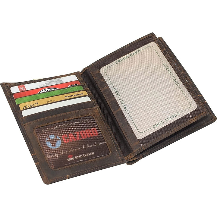 CAZORO RFID Blocking Hipster Bifold Mens Vintage Leather Multi-Card ID Holder European Wallet for Men (Logo) Image 6