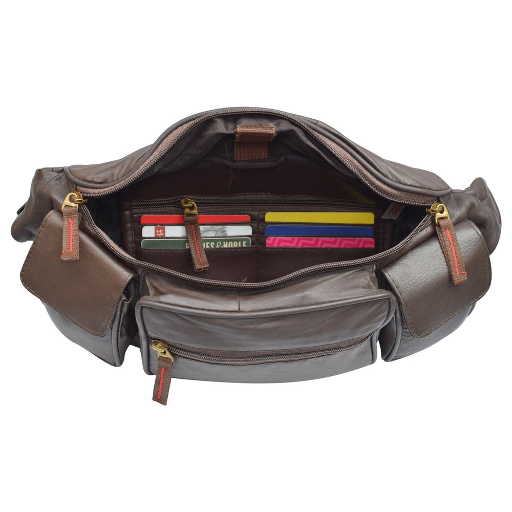 Large Real Leather Waist Hip Lumbar Fanny Pack Bag with Dual Cell Phone Pocket Brown Image 2