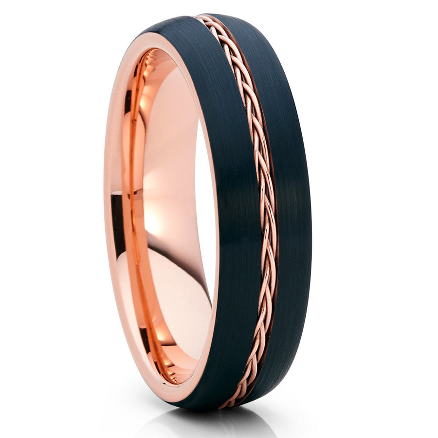 6mm Rose Gold Black Tungsten Carbide Ring Comfort Fit Wedding Anniversary Band Image 1