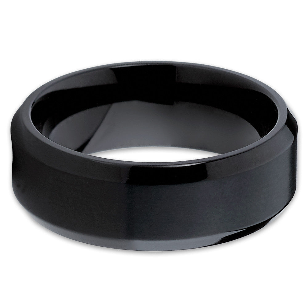 8mm Black Titanium Wedding Ring BlacK Wedding Ring Beveled Edges Image 2