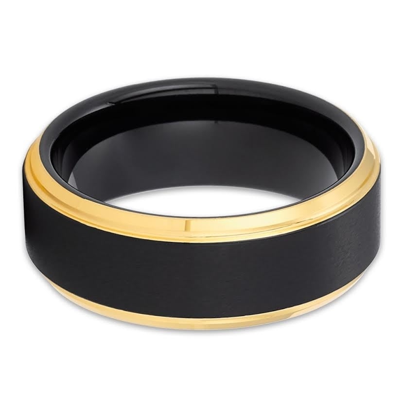 8mm Black Tungsten Carbide Wedding Ring Yellow Gold Comfortable Fit Size 7-15 Image 2