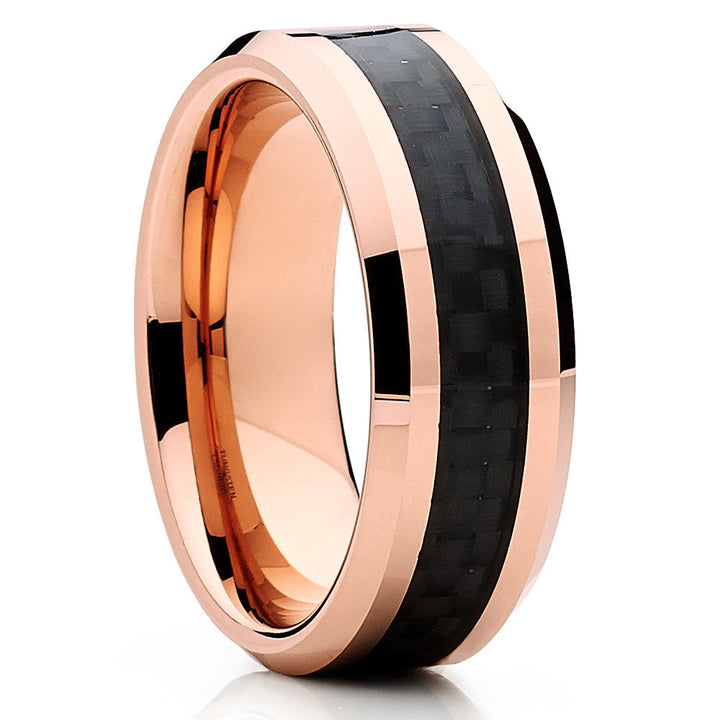 8mm Rose Gold Tungsten Carbide Wedding Ring with Carbon Fiber Comfort Fit Image 1