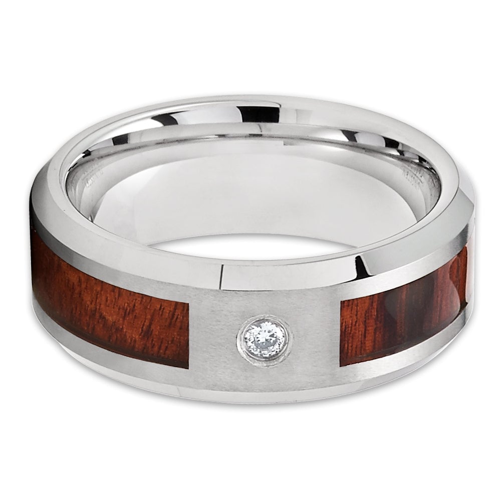 Koa Wood Tungsten Carbide Wedding Ring 8mm CZ Inlay Comfort Fit Sizes 7-12 Image 2