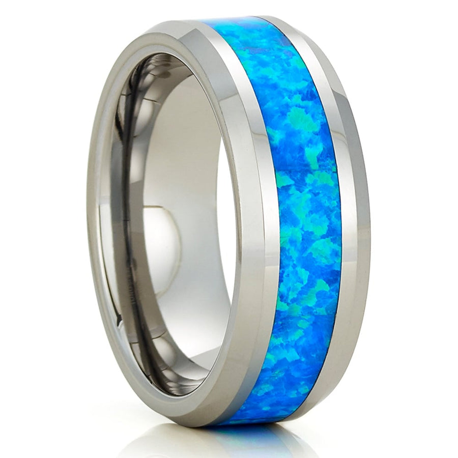 Tungsten Wedding Ring 8mm Blue Opal Inlay Comfort Fit Cobalt Free Size 7-15 Image 1