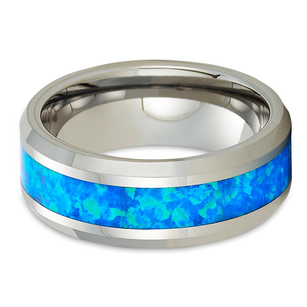 Tungsten Wedding Ring 8mm Blue Opal Inlay Comfort Fit Cobalt Free Size 7-15 Image 2