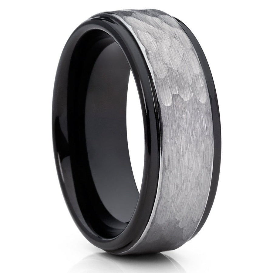 Black 8mm Tungsten Carbide Wedding Ring Hammered Comfort Fit Cobalt Free Image 1