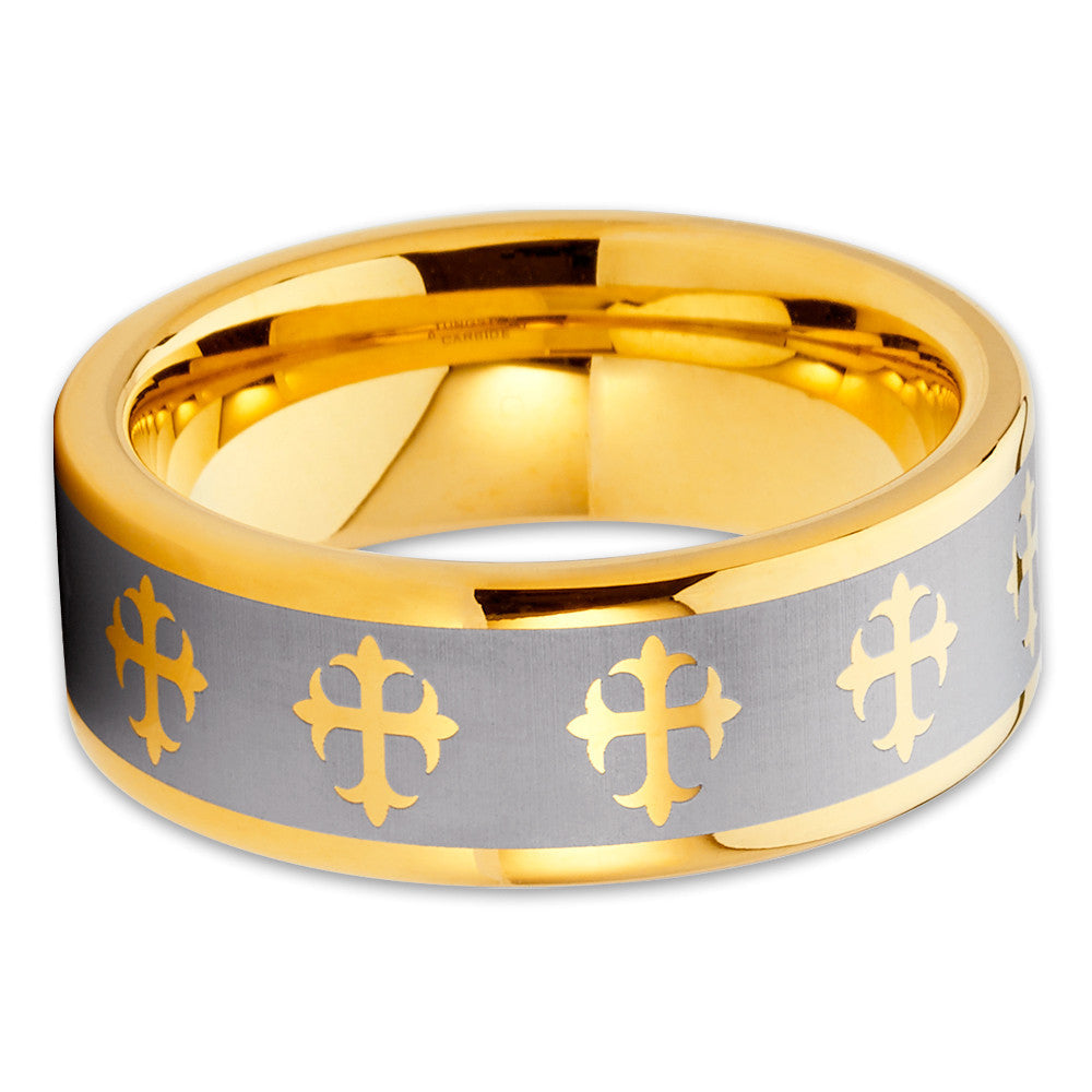 8mm Yellow Gold Wedding Ring Tungsten Carbide Ring Engagement Ring Cross Ring Image 2