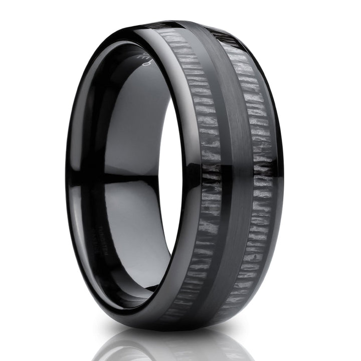 Tungsten Wedding Ring 8mm Charcoal Wood Inlay Comfort Fit Cobalt Free Image 1