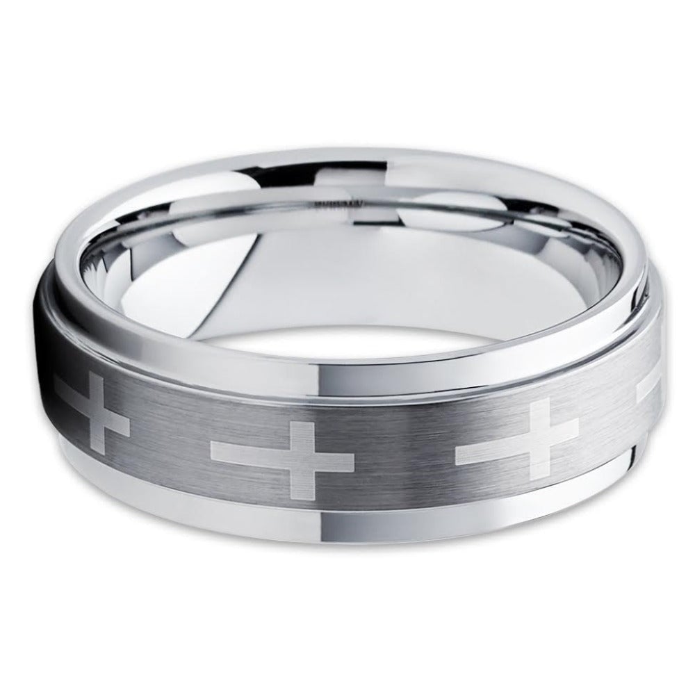 Tungsten Wedding Ring 7mm Cross Design Silver Comfort Fit Cobalt Free Image 2