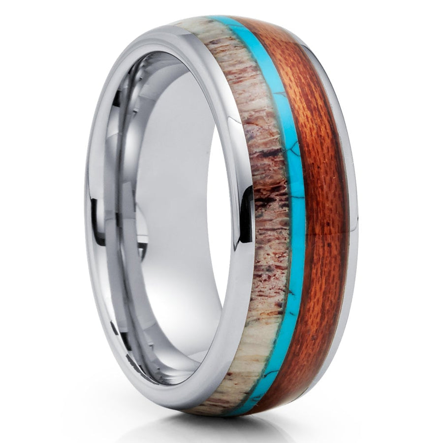 Deer Antler Tungsten Wedding Ring 8mm Turquoise Koa Wood Comfort Fit Hypoallergenic Image 1