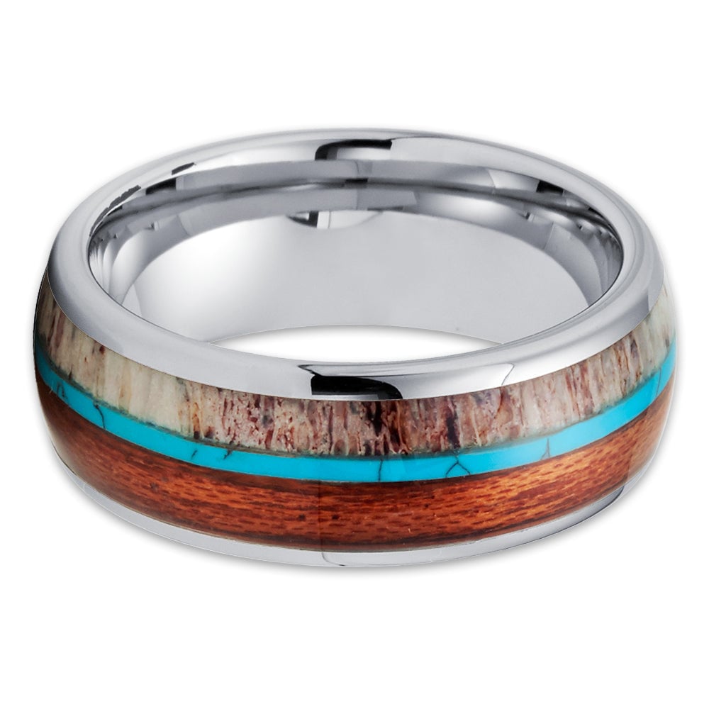 Deer Antler Tungsten Wedding Ring 8mm Turquoise Koa Wood Comfort Fit Hypoallergenic Image 2