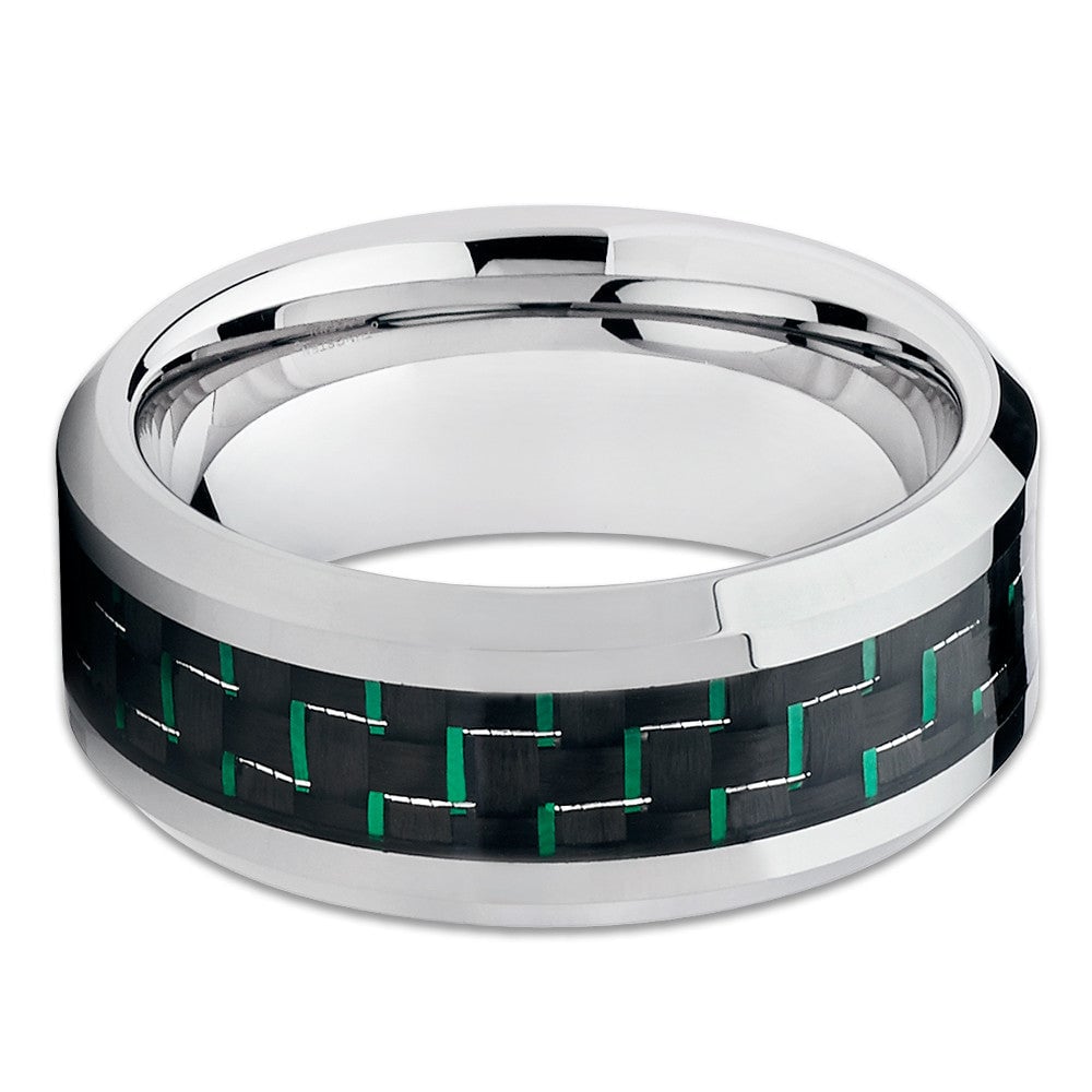 Green Carbon Fiber Tungsten Ring 9mm Comfort Fit Wedding Engagement Ring Image 2