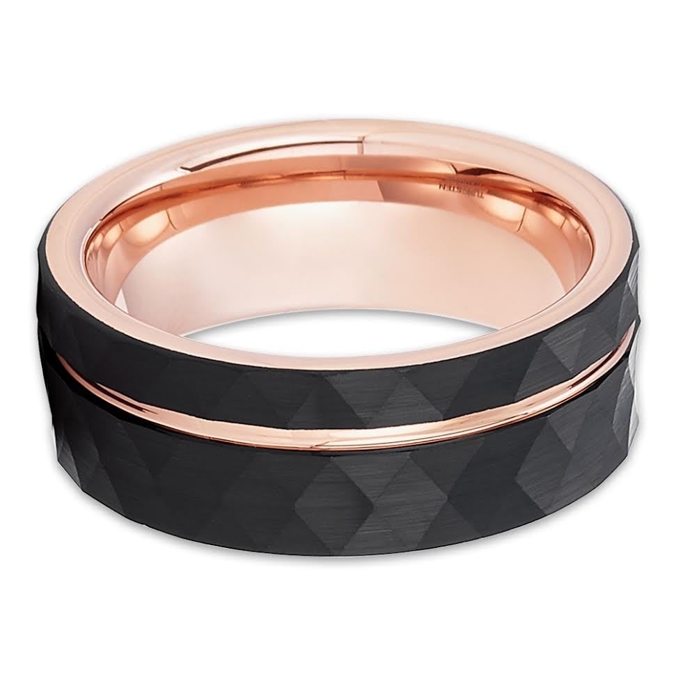 Rose Gold Tungsten Wedding Ring 8mm Hammered Comfort Fit Cobalt Free IP Plating Image 2