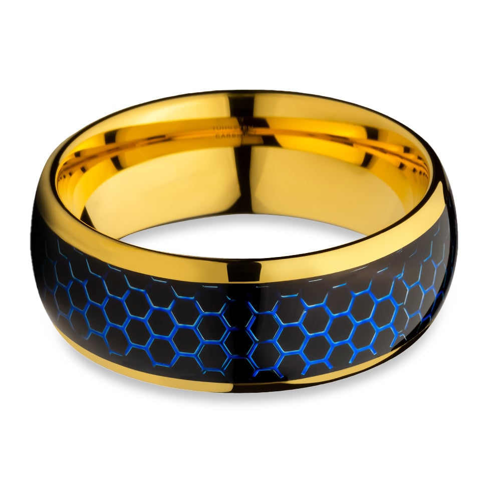 Tungsten Carbide Honeycomb Wedding Ring 8mm Yellow Gold Comfort Fit Cobalt Free Image 2