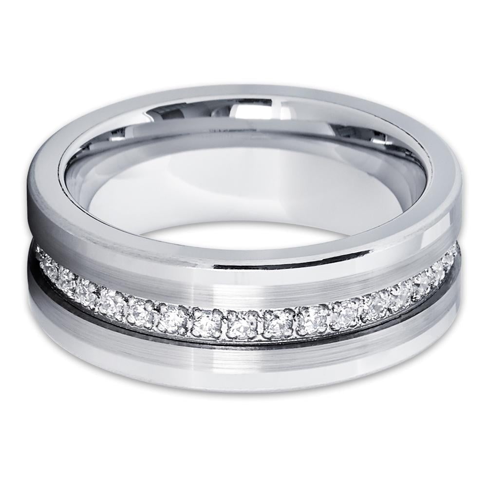 Silver Tungsten Wedding Ring 8mm Comfort Fit CZ Inlay Scratch Resistant Sizes 7-15 Image 2