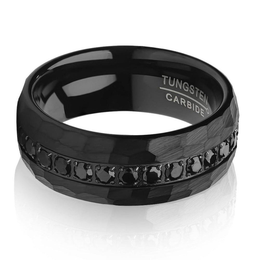 Black Tungsten Ring 8mm Wedding Ring CZ Wedding Ring Hammered Wedding Ring Image 2