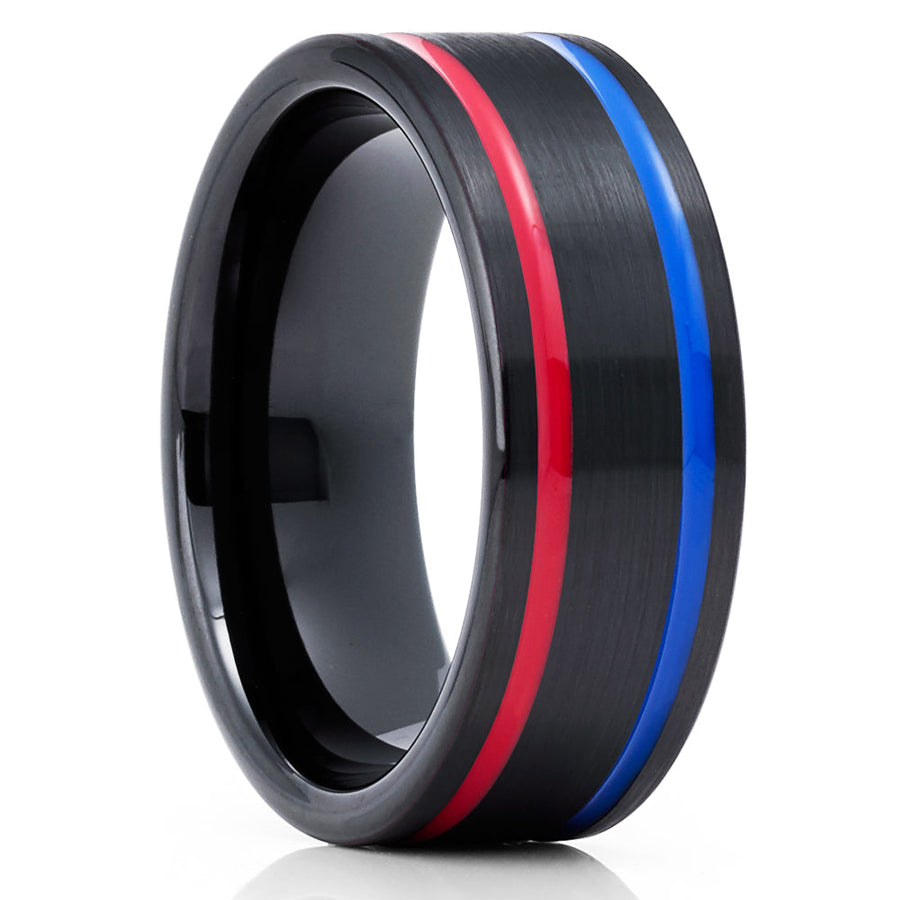Black Tungsten Wedding Ring 8mm Wedding Ring Red Wedding Band Blue Ring Image 1