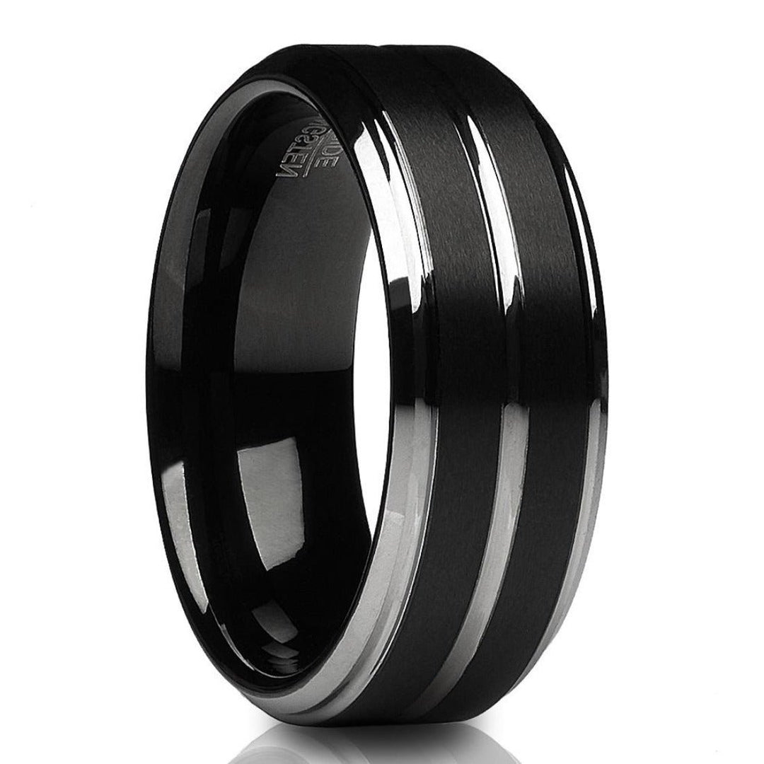 Black Tungsten Wedding Ring 8mm Comfort Fit Silver Center Brush Finish Image 1