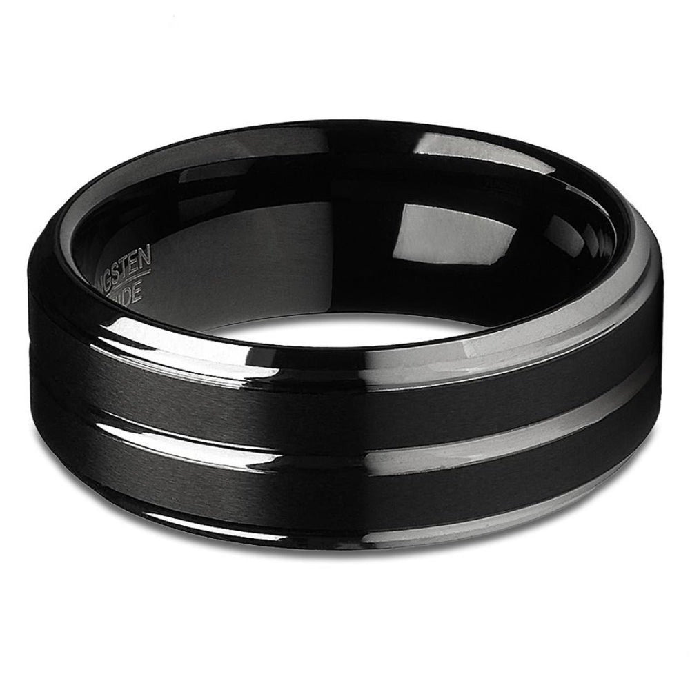 Black Tungsten Wedding Ring 8mm Comfort Fit Silver Center Brush Finish Image 2