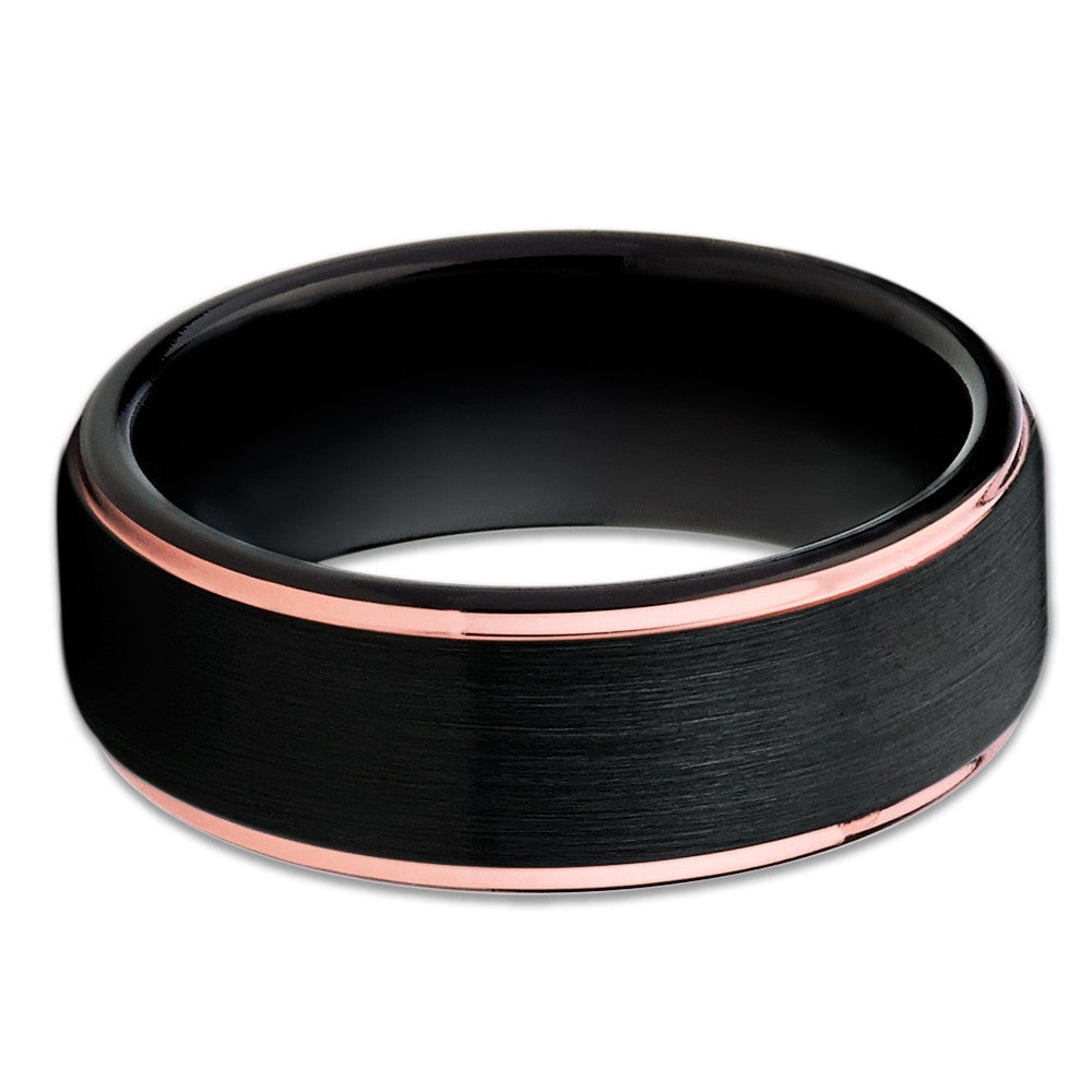 Black Tungsten Wedding Ring 8mm Black Band with Rose Gold Plating Comfort Fit Image 2