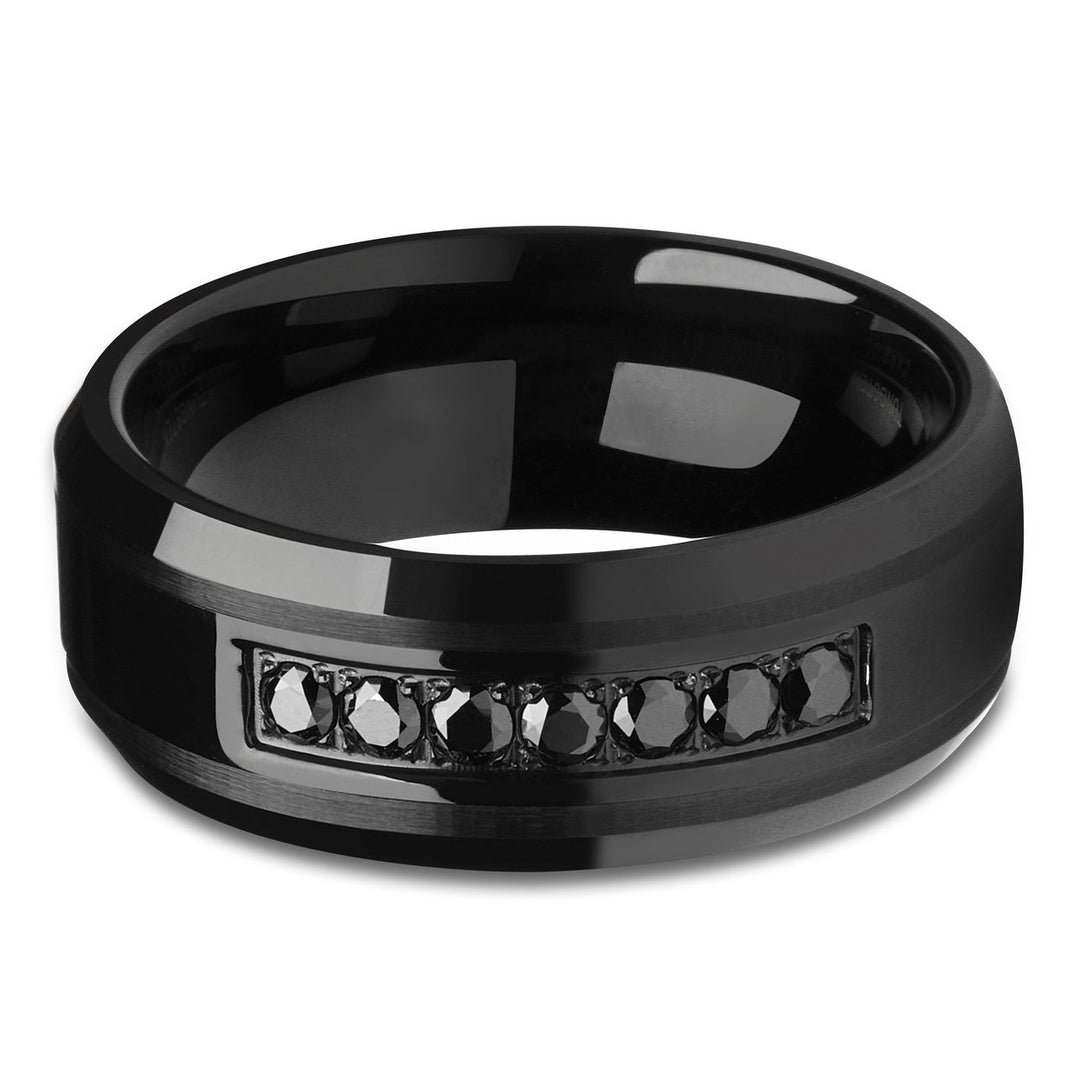 Black Tungsten Wedding Ring 8mm Comfort Fit CZ Inlay Cobalt Free Tungsten Carbide Image 2