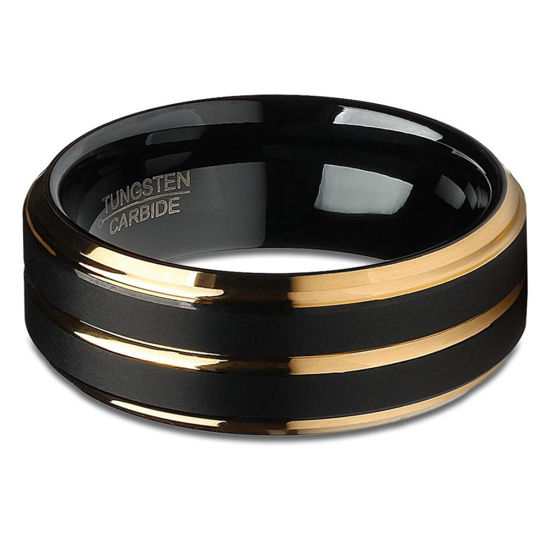 Black Tungsten Carbide Wedding Ring 8mm Yellow Gold Comfort Fit Sizes 7-15 Image 2