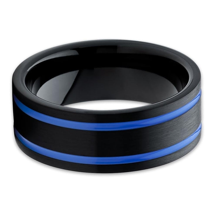 Black Tungsten Wedding Ring 8mm Comfort Fit with Blue Inlay Cobalt Free Image 2