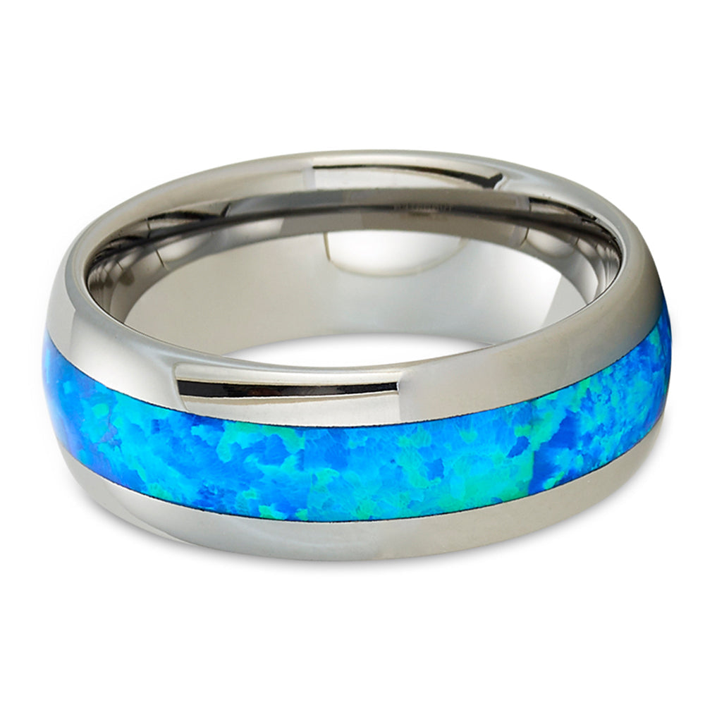 Blue Opal Tungsten Ring 8mm Comfort Fit Silver Engagement Anniversary Band Image 2