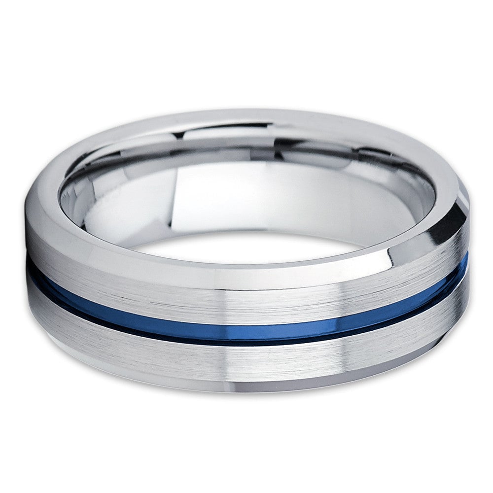 Blue Tungsten Wedding Ring 8mm Comfort Fit Beveled Edges Silver Inlay Image 2