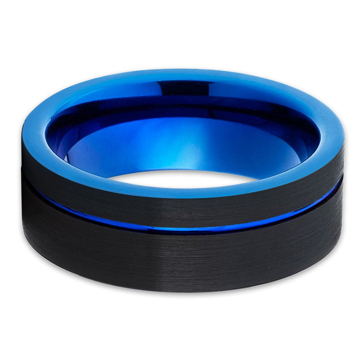 Blue Black Tungsten Wedding Ring Engagement Offset Groove 8mm Cobalt Free Sizes 5-13 Image 2