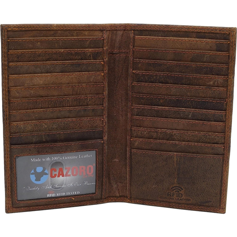 Premium Vintage Leather Long Bifold Credit Card ID RFID Blocking Wallet for Men Women (Brown) Image 1