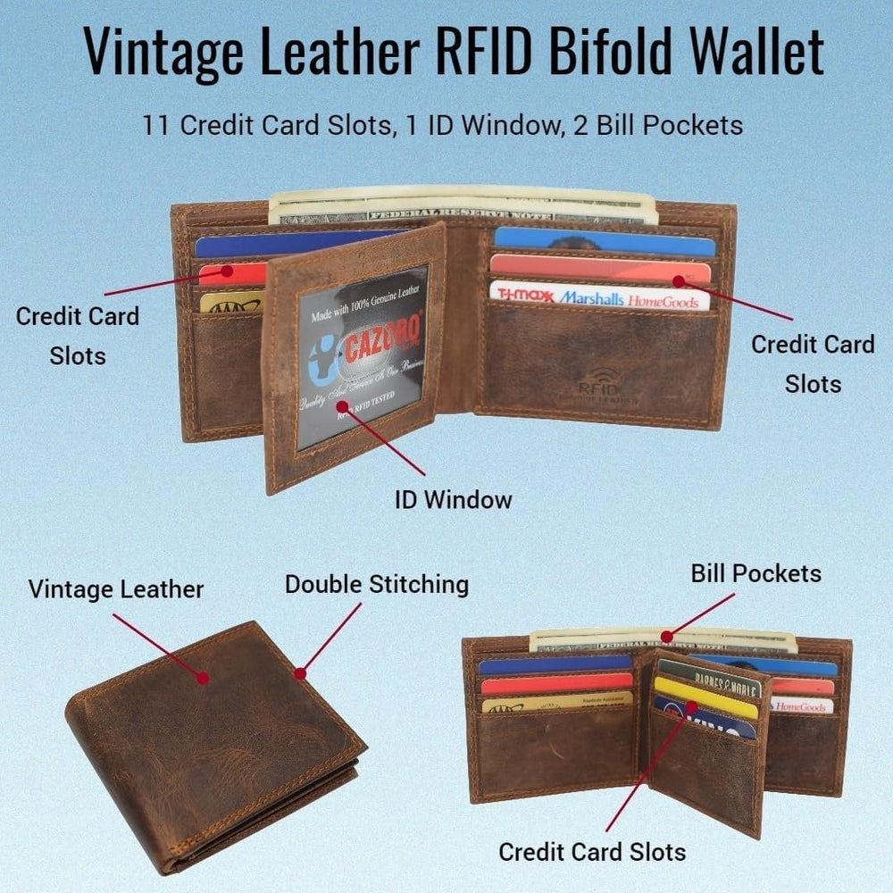 Mens RFID Blocking Vintage Leather Center Flap Bifold Credit Card ID Wallet for Men (Brown) Image 2