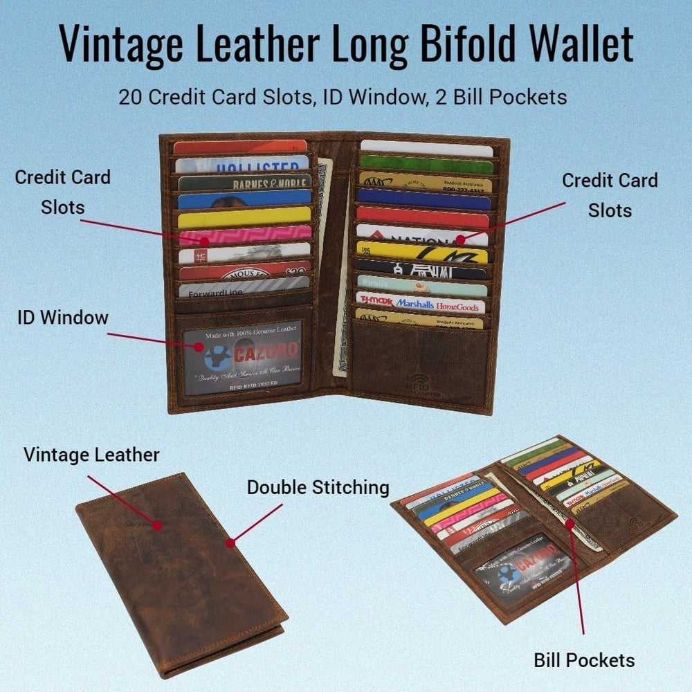 Premium Vintage Leather Long Bifold Credit Card ID RFID Blocking Wallet for Men Women (Brown) Image 2