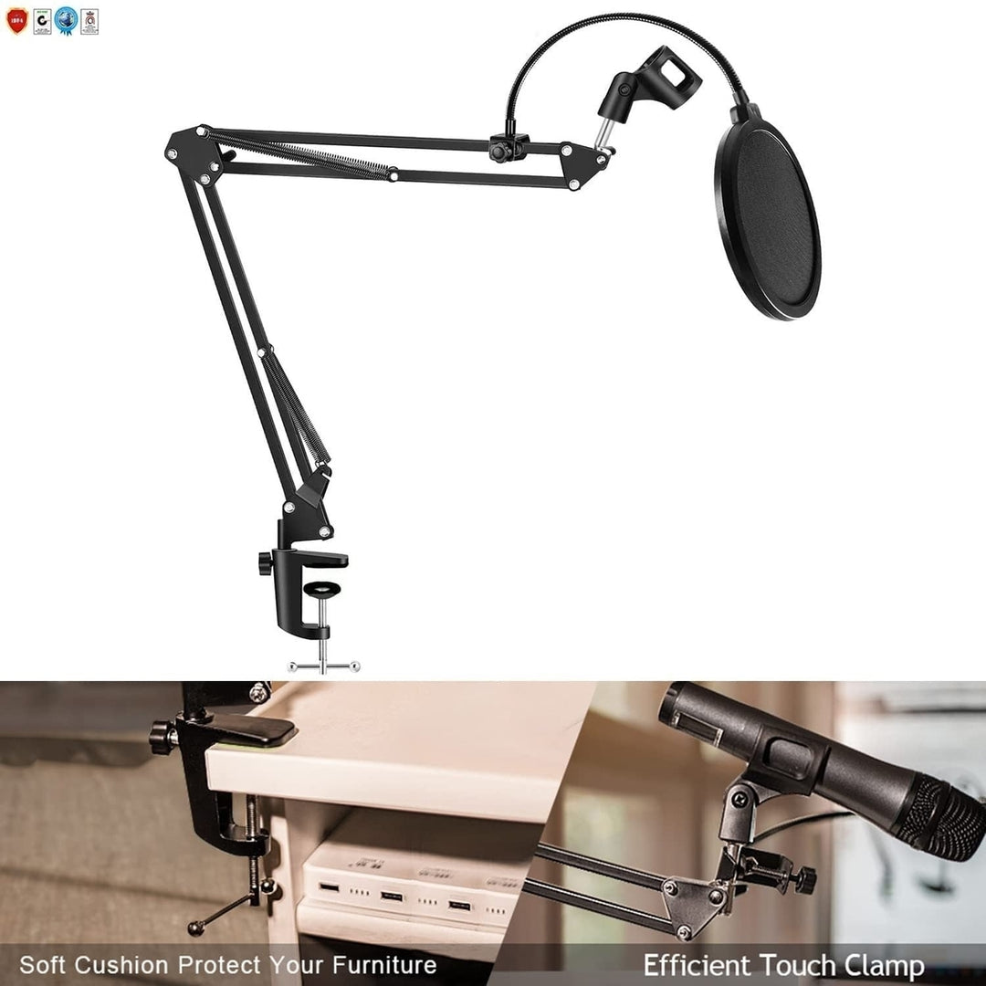 Great Microphone Stand with Pop Filter Heavy Duty Microphone Suspension Scissor Arm Stand and Windscreen Mask Shield Image 2