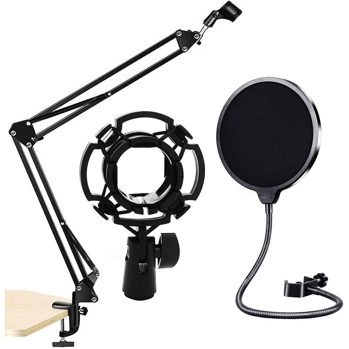 Microphone Stand Heavy Duty Microphone Suspension Scissor Arm Stand and Windscreen Mask Shield (with Pop Filter and Image 1