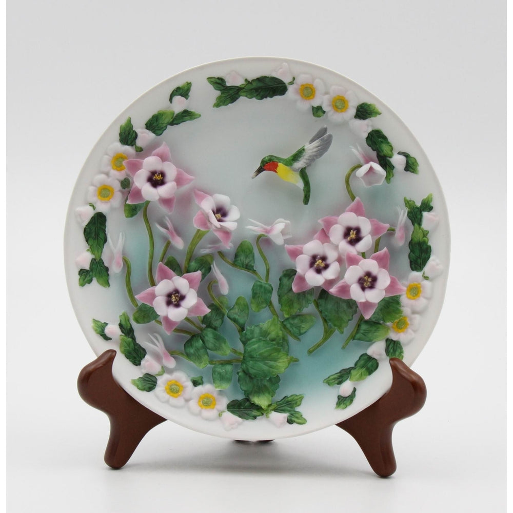 Hummingbird Columbine Flowers Decor Plate with Stand 7.5 inch Ceramic Image 2