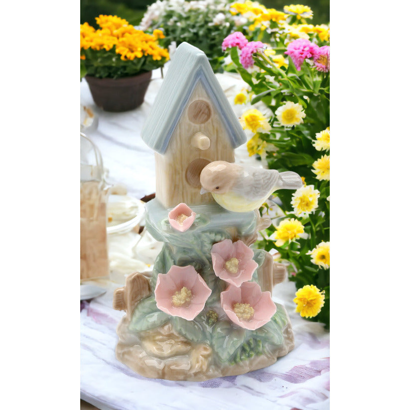 Ceramic Sparrow Figurine Birdhouse Flowers 4.5 Inch Vintage Gift Image 1