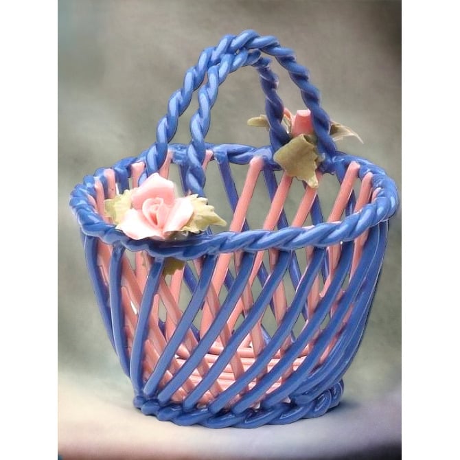 Ceramic Blue Basket with Pink Roses 3.75 inches  Nature Image 2