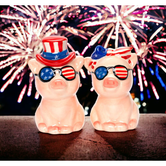 Ceramic Pig Salt and Pepper Shakers Uncle Sam Hat Patriotic Gift Image 1