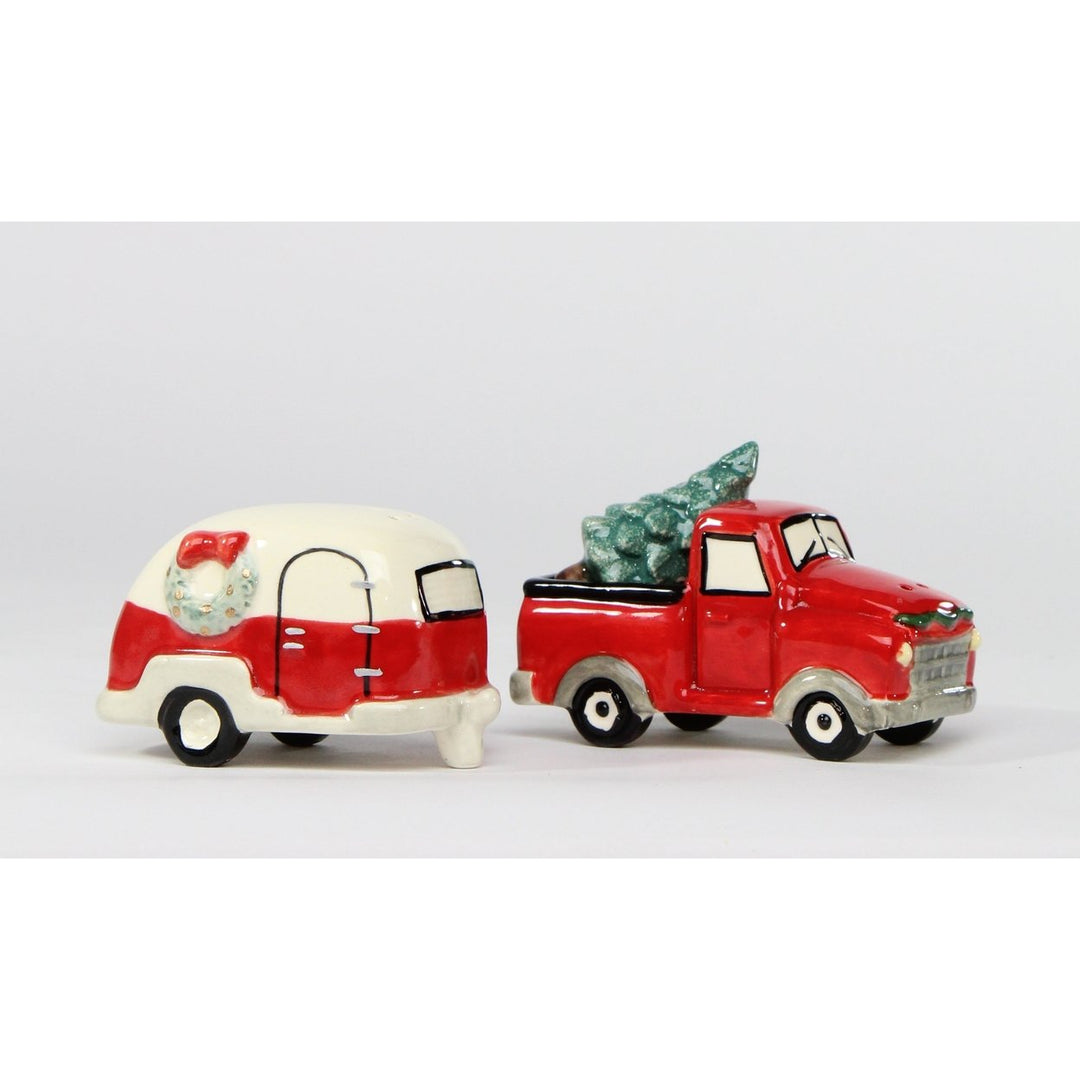 Ceramic Red Truck Salt and Pepper Shakers Christmas Tree Camper Image 2