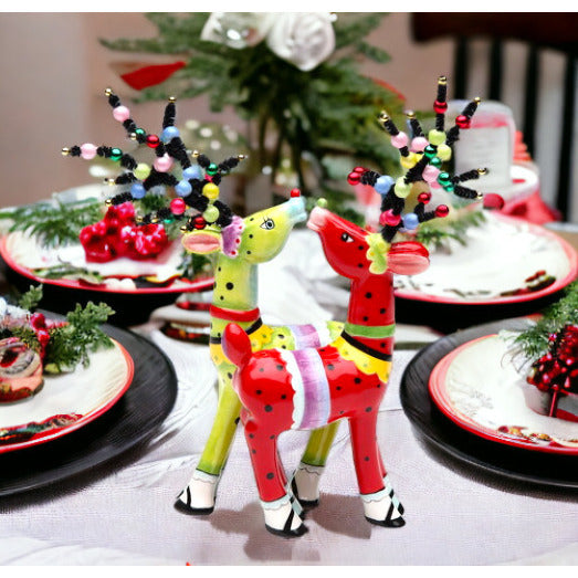 Ceramic Whimsical Christmas Reindeer Magnetic Salt and Pepper Shakers 3.1" Tall Image 1