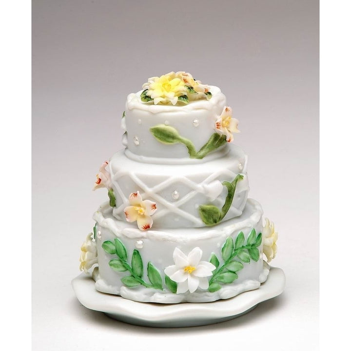 Ceramic Jewelry Box Wedding Cake with Flowers 4" Wedding Anniversary Image 3